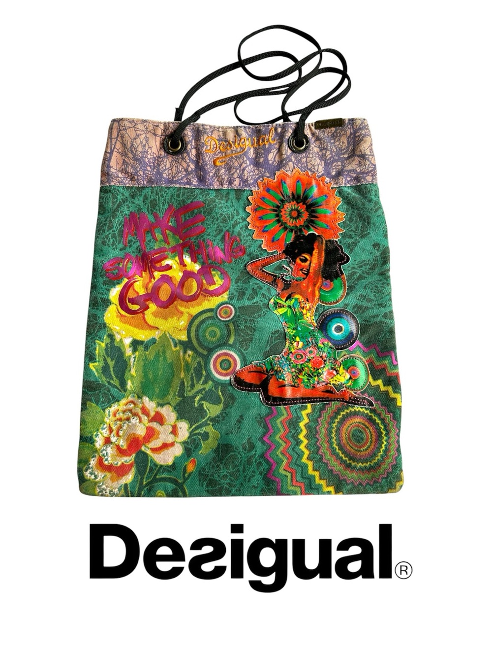 Desigual Green Multicolor Graphic Drawstring Tote